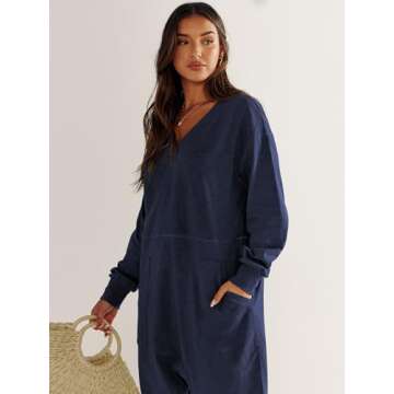 ANRABESS Jumpsuits for Women 2024 Fall Long Sleeve Casual Loose Fit Romper Lounge One Piece Pajamas Outfits Jumper Blue Large