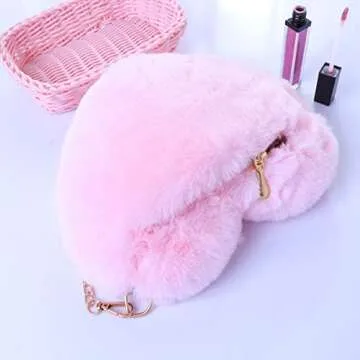 FENICAL Cellphone Purse Plush Heart Shaped Crossbody Bag with Chain Cute Fluffy Shoulder Bag for Women Ladies- Pink
