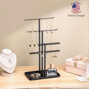 pickpiff Jewelry Stand Organizer, 14.5" Tall Sturdy Metal, 3-Tier Jewelry Holder for Necklace, Earri...
