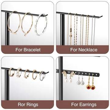 pickpiff Jewelry Stand Organizer, 14.5" Tall Sturdy Metal, 3-Tier Jewelry Holder for Necklace, Earring, Bracelet, Ring, Hanger for Display and Storage, Aesthetic Room Decor, Black