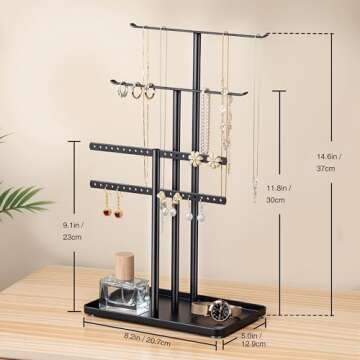 pickpiff Jewelry Stand Organizer, 14.5" Tall Sturdy Metal, 3-Tier Jewelry Holder for Necklace, Earring, Bracelet, Ring, Hanger for Display and Storage, Aesthetic Room Decor, Black