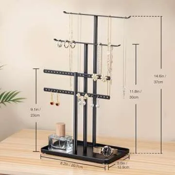 pickpiff Jewelry Stand Organizer, 14.5" Tall Sturdy Metal, 3-Tier Jewelry Holder for Necklace, Earring, Bracelet, Ring, Hanger for Display and Storage, Aesthetic Room Decor, Black