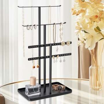 pickpiff Jewelry Stand Organizer, 14.5" Tall Sturdy Metal, 3-Tier Jewelry Holder for Necklace, Earring, Bracelet, Ring, Hanger for Display and Storage, Aesthetic Room Decor, Black