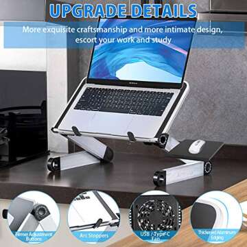 Armyte Laptop Stand Adjustable Height for Desk, Portable Lap Table with Cooling Fan & Mouse Pad for 15.6 Inch Notebook Lightweight Foldable Computer Riser for Couch Bed Sofa Home Office