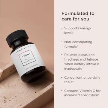 JSHealth Vitamins Iron+ Supplement for Energy Support - Iron Deficiency Pills with Vitamin C and Vitamin B12 - No Nausea - (30 Tablets)