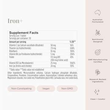 JSHealth Vitamins Iron+ Supplement for Energy Support - Iron Deficiency Pills with Vitamin C and Vitamin B12 - No Nausea - (30 Tablets)