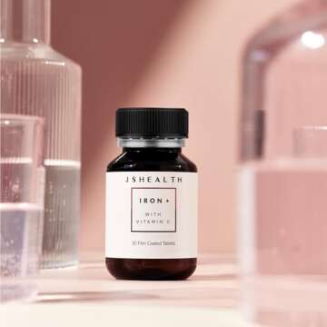 JSHealth Vitamins Iron+ Supplement for Energy Support - Iron Deficiency Pills with Vitamin C and Vitamin B12 - No Nausea - (30 Tablets)