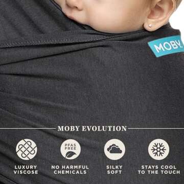 Moby Baby Wrap Carrier Evolution for Newborns to Toddlers (8-33lbs), Infant Sling Carrier, Lightweight & Hands Free Design, Adjustable for All Body Types, Baby Registry Gift (Charcoal)