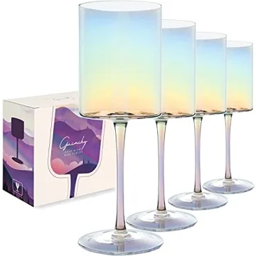 Gnimihz Iridescent Wine Glasses Set of 4 - Handcrafted 16oz Cylindrical Crystal Glasses in Gift Pack...