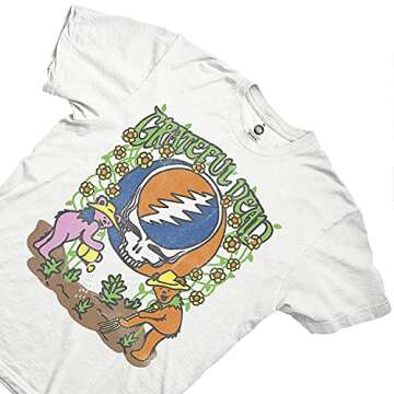Mens Grateful Dead Rock Shirt - Grateful Dead Steal Your Face Skull Dancing Bear Vintage Tee (White Garden, Medium)