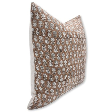Fabritual Thick Linen Throw Pillow Cover, Outdoor Pillow with Handloom Print, Sustainable Handmade Cushion Cover for Sofa and Couch, Floral Print with Boho Design, Tulsi buti (Brown,22X22 INCH)