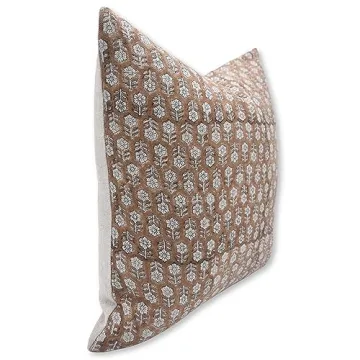 Fabritual Thick Linen Throw Pillow Cover, Outdoor Pillow with Handloom Print, Sustainable Handmade Cushion Cover for Sofa and Couch, Floral Print with Boho Design, Tulsi buti (Brown,22X22 INCH)