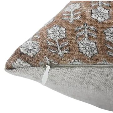 Fabritual Thick Linen Throw Pillow Cover, Outdoor Pillow with Handloom Print, Sustainable Handmade Cushion Cover for Sofa and Couch, Floral Print with Boho Design, Tulsi buti (Brown,22X22 INCH)