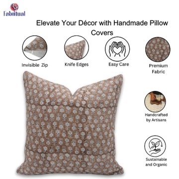 Fabritual Thick Linen Throw Pillow Cover, Outdoor Pillow with Handloom Print, Sustainable Handmade Cushion Cover for Sofa and Couch, Floral Print with Boho Design, Tulsi buti (Brown,22X22 INCH)