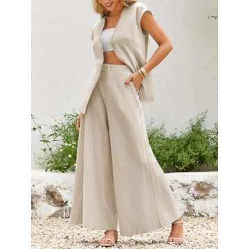 Cicy Bell Womens Summer 2 Piece Outfits Button Front V Neck Vest and High Waisted Wide Leg Pants Set...