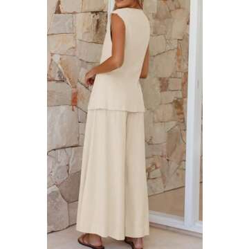 Cicy Bell Womens Summer 2 Piece Outfits Button Front V Neck Vest and High Waisted Wide Leg Pants Sets Beige