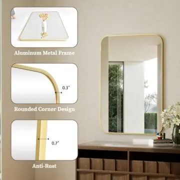 BEAUTYPEAK 26" x 38" Rectangular Aluminum Alloy Frame Wall Mounted Bathroom Mirror with Rounded Corners, Gold