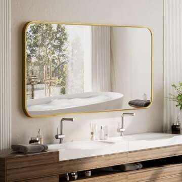 BEAUTYPEAK 26" x 38" Rectangular Aluminum Alloy Frame Wall Mounted Bathroom Mirror with Rounded Corners, Gold