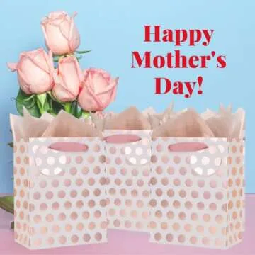 UNIQOOO 12Pcs Rose Gold Foil Gift Bag Bulk, Pink Polka Dots with Tag, Durable Recycle Kraft Paper Ba...