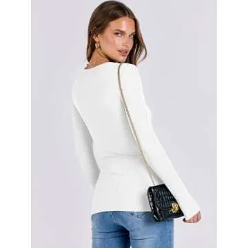 ANRABESS Women Long Sleeve Crewneck Rib Knit Slim Fit Shirts Basic Tee Tops 2025 Casual T-Shirt Going Out Workout Outfits White Small