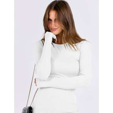 ANRABESS Women Long Sleeve Crewneck Rib Knit Slim Fit Shirts Basic Tee Tops 2025 Casual T-Shirt Going Out Workout Outfits White Small