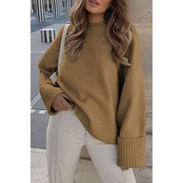 EFAN Oversized Sweaters Womens Fall Fashion Trendy Knit Chunky Cashmere Maternity Crewneck Fuzzy Warm Lightweight Khaki M