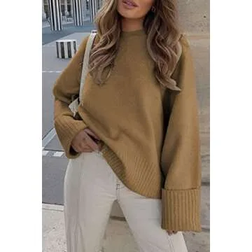 EFAN Oversized Sweaters Womens Fall Fashion Trendy Knit Chunky Cashmere Maternity Crewneck Fuzzy Warm Lightweight Khaki M