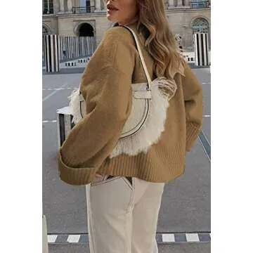 EFAN Oversized Sweaters Womens Fall Fashion Trendy Knit Chunky Cashmere Maternity Crewneck Fuzzy Warm Lightweight Khaki M