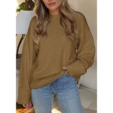 EFAN Oversized Sweaters Womens Fall Fashion Trendy Knit Chunky Cashmere Maternity Crewneck Fuzzy Warm Lightweight Khaki M