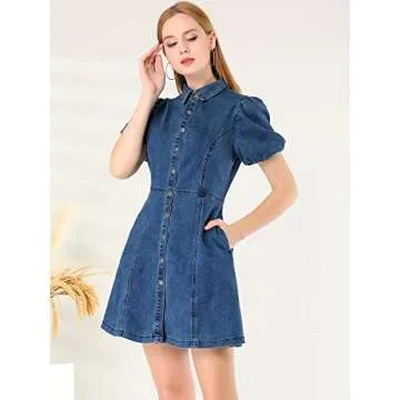 Allegra K Women's Stylish Denim Dress with Puff Sleeves and Pockets