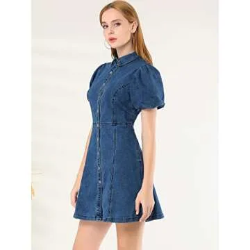 Allegra K Women's Denim Puff Sleeve Collared Dress