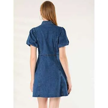Allegra K Women's Denim Puff Sleeve Collared Dress