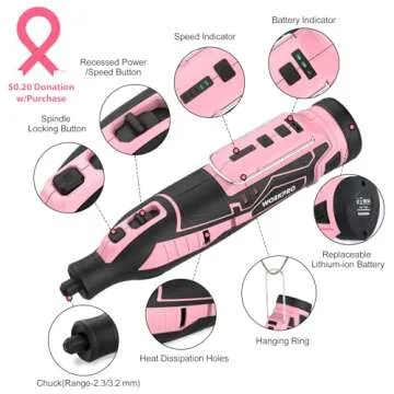 WORKPRO Pink 12V Cordless Rotary Tool Kit, 5 Variable Speeds, Powerful Engraver, Sander, Polisher, 114 Easy Change Accessories, Craft Tool for Handmade and DIY - Pink Ribbon