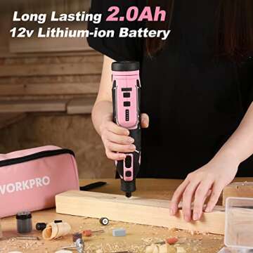 WORKPRO Pink 12V Cordless Rotary Tool Kit, 5 Variable Speeds, Powerful Engraver, Sander, Polisher, 114 Easy Change Accessories, Craft Tool for Handmade and DIY - Pink Ribbon