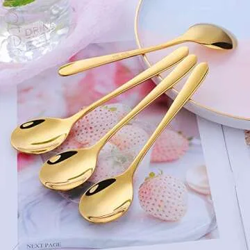 Demitasse Espresso Spoons, BuyGo 18/8 Stainless Steel Gold Teaspoon Round Mini Coffee Sugar Spoon for Home Cafe Restaurant, 6 Inch, Set of 4