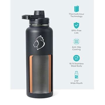 BUZIO 40 oz Water Bottle Insulated with Straw & 3 lid and Carrying Pouch, Leak Proof Anti-Slip Stainless Steel Water Flask Jug, Cold for 48 Hrs Double Vacuum Thermo Canteen, BPA-Free, Blue