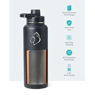 BUZIO 40 oz Water Bottle Insulated with Straw & 3 lid and Carrying Pouch, Leak Proof Anti-Slip Stainless Steel Water Flask Jug, Cold for 48 Hrs Double Vacuum Thermo Canteen, BPA-Free, Blue