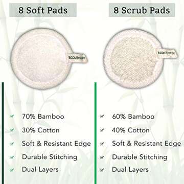 Reusable Makeup Remover Pads - 16 Bamboo Reusable Cotton Rounds for Toner Reusable Cotton Pads for F...