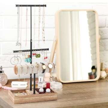 Jewelry Organizer Stand Necklace Holder - MXARLTR Jewelry Holder Display Earring Bracelet Holder Wooden Jewelry Tree Stand Ring Watch Storage Jewelry Tower Rack for Women Girls (Carbonized Black)