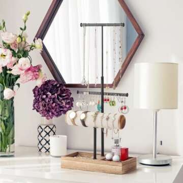 Jewelry Organizer Stand Necklace Holder - MXARLTR Jewelry Holder Display Earring Bracelet Holder Wooden Jewelry Tree Stand Ring Watch Storage Jewelry Tower Rack for Women Girls (Carbonized Black)