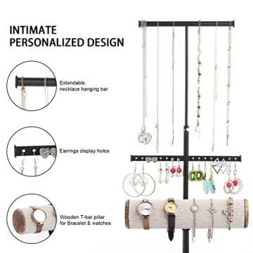 Jewelry Organizer Stand Necklace Holder - MXARLTR Jewelry Holder Display Earring Bracelet Holder Wooden Jewelry Tree Stand Ring Watch Storage Jewelry Tower Rack for Women Girls (Carbonized Black)