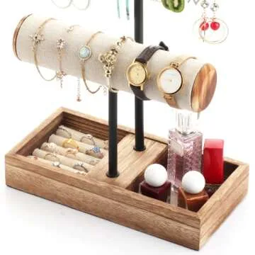 Jewelry Organizer Stand Necklace Holder - MXARLTR Jewelry Holder Display Earring Bracelet Holder Wooden Jewelry Tree Stand Ring Watch Storage Jewelry Tower Rack for Women Girls (Carbonized Black)