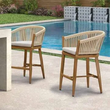 PURPLE LEAF Outdoor Counter Height Bar Stools Set of 2 Patio Metal Modern Wicker Bar Chairs Woven Aluminum Barstools with Back and Cushions for Balcony Garden Indoor Kitchen Poolside Teak