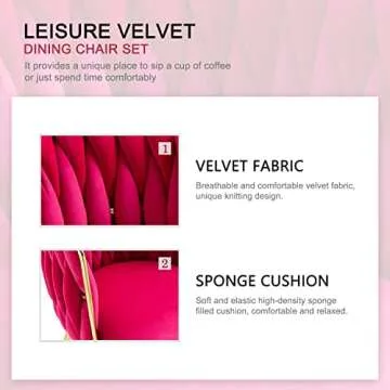 Nrizc Woven Dining Chairs Set of 2, Velvet Upholstered Dining Chairs with Gold Metal Legs, Modern Accent Chairs for Living Room, Dining Room, Kitchen (Rose Red)