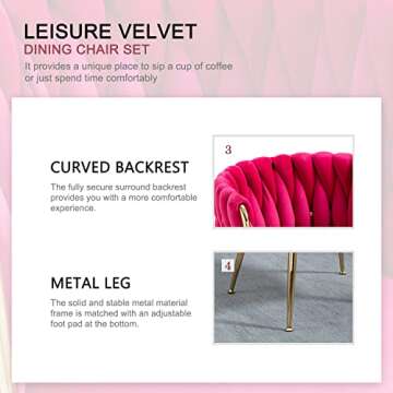 Nrizc Woven Dining Chairs Set of 2, Velvet Upholstered Dining Chairs with Gold Metal Legs, Modern Accent Chairs for Living Room, Dining Room, Kitchen (Rose Red)