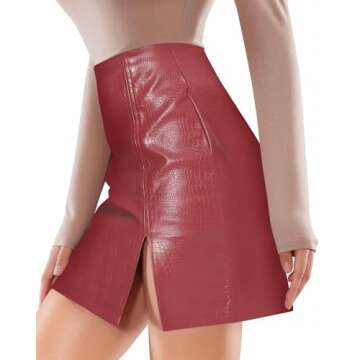 MANGOPOP Womens High Waist Snakeskin Faux Leather Mini Skirt with Slit
