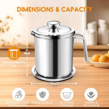 Chihee Grease Container Stainless Steel Bacon Grease Saver with Fine Mesh Strainer 2L / 67.6 fl oz O...