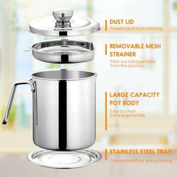 Chihee Grease Container Stainless Steel Bacon Grease Saver with Fine Mesh Strainer 2L / 67.6 fl oz Oil Container Grease Can with Dust-proof Lid Non-slip Tray for Kitchen Storing Frying Cooking Grease