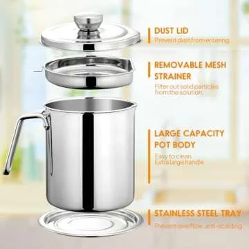 Chihee Grease Container Stainless Steel Bacon Grease Saver with Fine Mesh Strainer 2L / 67.6 fl oz Oil Container Grease Can with Dust-proof Lid Non-slip Tray for Kitchen Storing Frying Cooking Grease