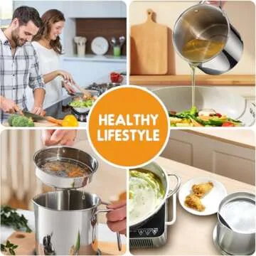 Chihee Grease Container Stainless Steel Bacon Grease Saver with Fine Mesh Strainer 2L / 67.6 fl oz Oil Container Grease Can with Dust-proof Lid Non-slip Tray for Kitchen Storing Frying Cooking Grease